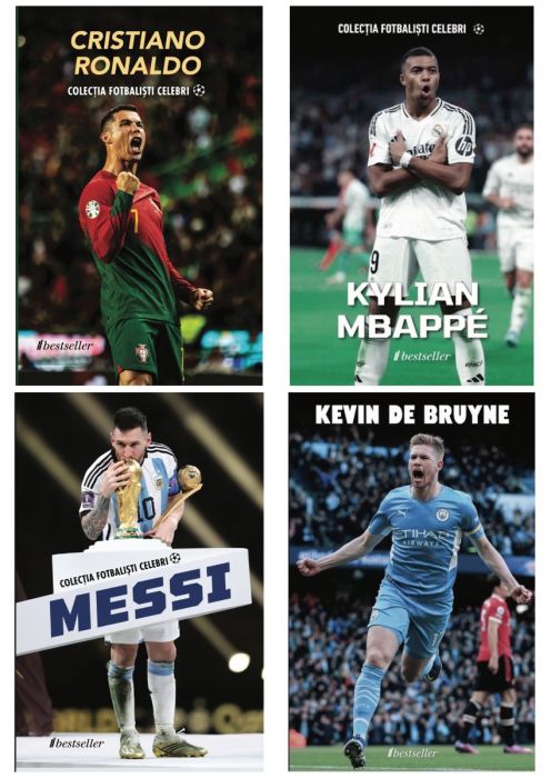 Set Top 4 Cărți Colecția Fotbaliști Celebri: Cristiano Ronaldo, Lionel Messi, Kevin De Bruyne şi Kylian Mbapee 