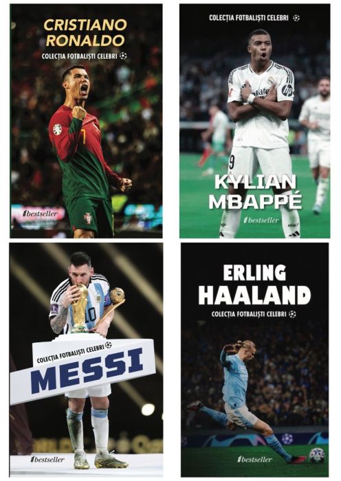 Set Top 4 Cărți Colecția Fotbaliști Celebri: Cristiano Ronaldo, Lionel Messi, Erling Haaland şi Kylian Mbapee 