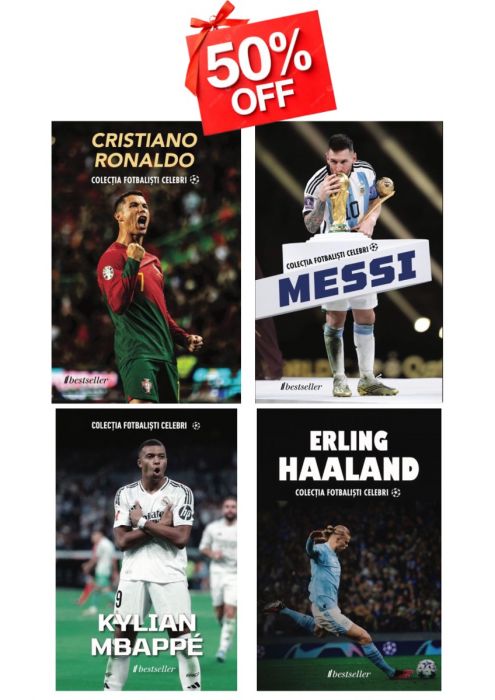 Set Top 4 Cărți Colecția Fotbaliști Celebri: Cristiano Ronaldo, Lionel Messi, Kylian Mbappe și Erling Haaland